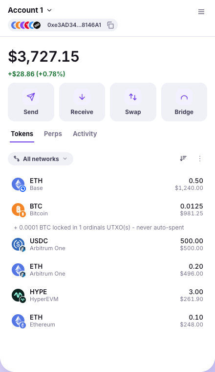 Balances across every network, with Send, Receive, Swap and Bridge