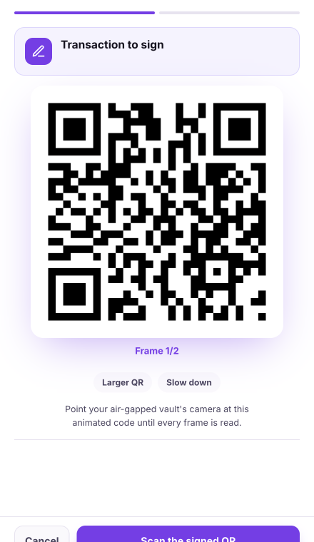 The animated QR code the offline Vault scans to sign