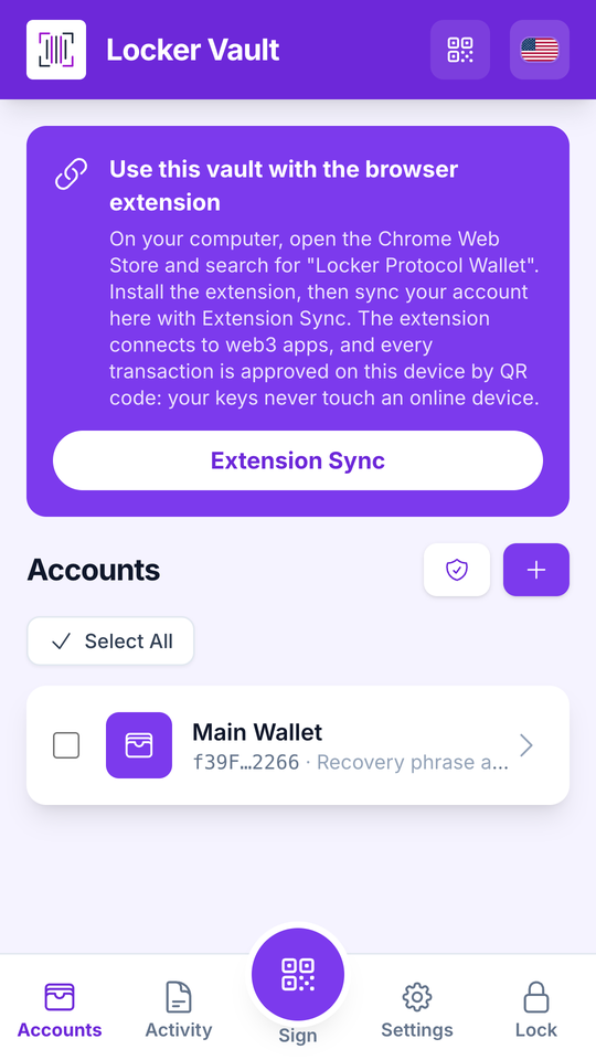 The Locker Vault app on a phone, showing the accounts screen